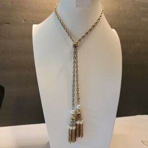 Goldtone Adjustable Length Faux Pearl Tassel Necklace
